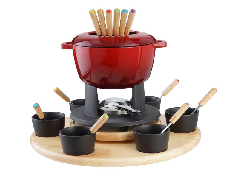 EVA fonduta in ghisa rossa con base in legno e ciotoline 24 pezzi